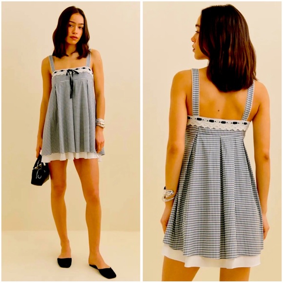 Reformation “Shia” Mini Dress in Gingham/Slate Check 4 NWOT - Picture 1 of 15